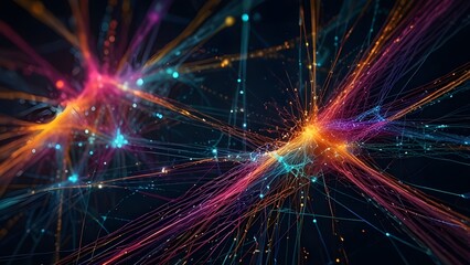 Abstract Colorful Optical Fibers Connecting To Other Networks. Electrical Signals Flowing Inside Of Complex Network Generative AI