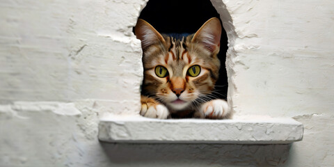 A curious cat peeks through a hole in a large white wall.