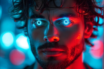 A man with a beard and glowing eyes