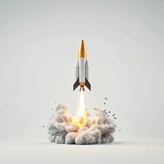 A sleek rocket takes off amid clouds of smoke, showcasing powerful propulsion and an adventurous spirit in a minimalistic design.