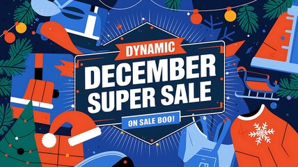 December Super Sale Banner with Festive Illustrations