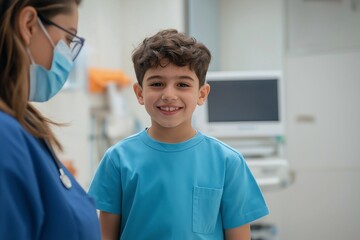 Obraz premium Happy elementary school boy being examined by a female doctor in a clinic. Pediatrician in a clinic checking the health of a child. doctor examination room, healthy wellbeing, friendly.