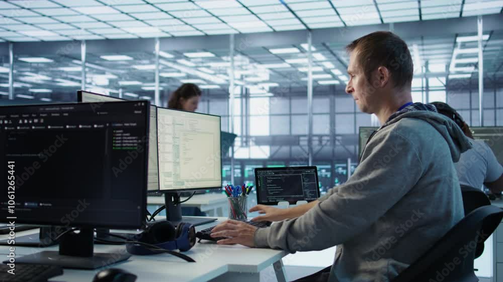 Aufkleber engineer starting job shift in server hub used for processing vast amounts of data. it programmer ar