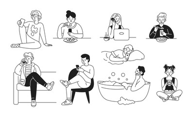 Young people using smartphones in everyday life linear vector icons set. Characters addicted from gadgets simple illustrations collection