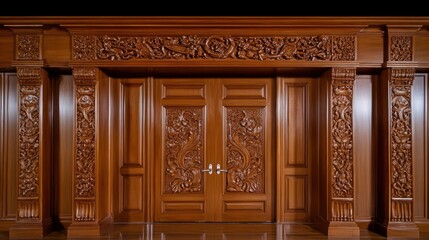 Fototapeta premium Ornately carved wooden doors with intricate designs and decorative framing.