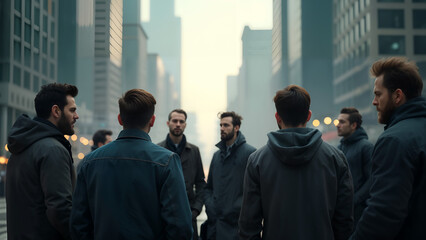 Fototapeta premium A group of men standing by impressive tall buildings engaged in a spirited discussion, with a vibrant urban landscape behind them.