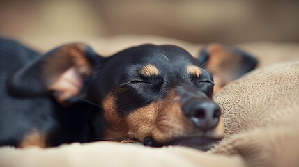 A small black and tan dog with closed eyes sleeps on a soft blanket.