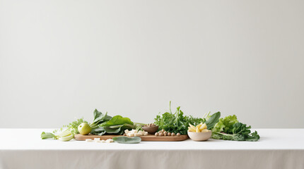 Fresh Green Vegetables and Herbs Displayed on a Wooden Cutting Board