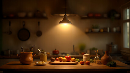 A Cozy Kitchen Scene With a Beautiful Light Fixture Creating a Warm and Inviting Ambiance