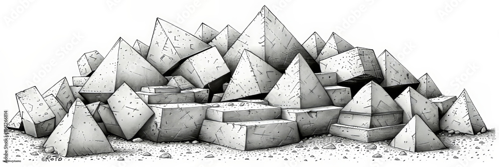 Poster a collection of geometric concrete shapes including pyramids and blocks is displayed on a flat, barr