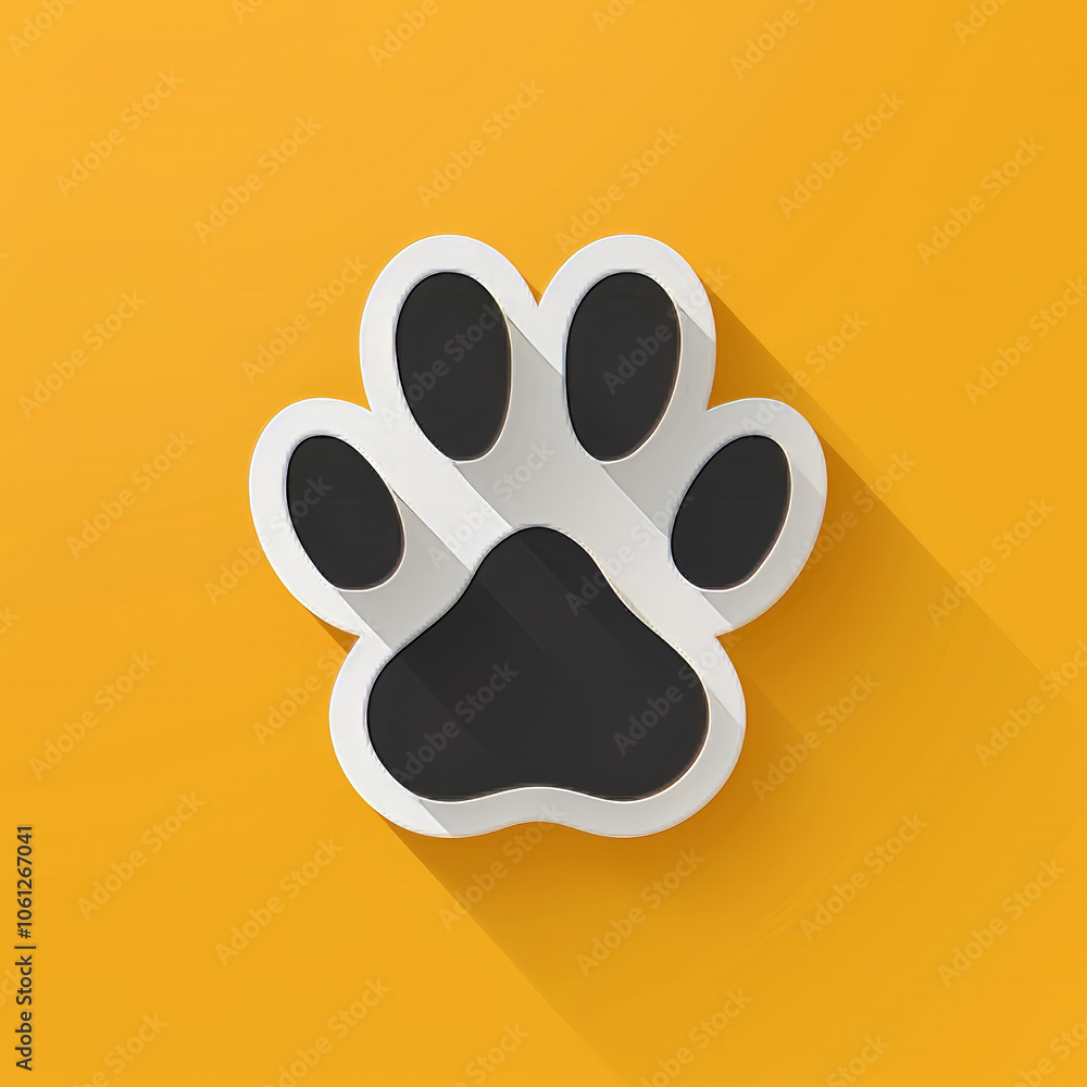 Poster a three-dimensional paw print design with a dark center and outlined in white rests on a bright yell