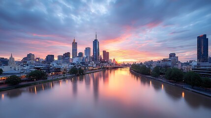 Naklejka premium Melbourne skyline reflects on yarra river at sunrise amidst vibrant clouds
