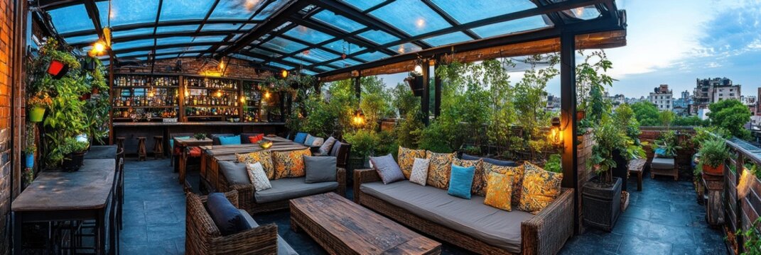 A cozy rooftop lounge adorned with plants, offering a relaxing atmosphere for social gatherings.