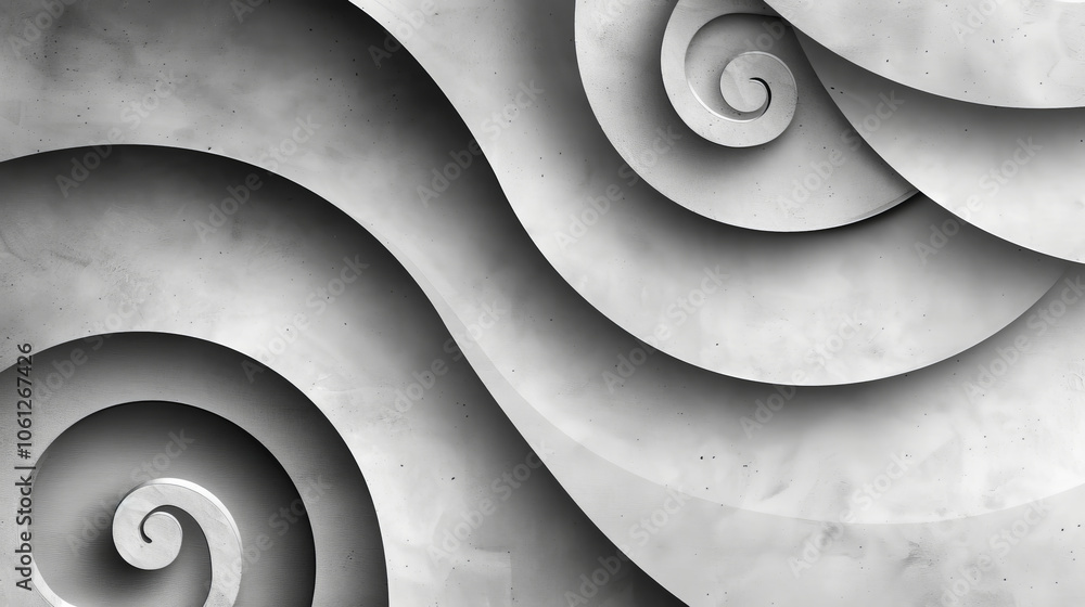 Poster curved and swirling layers in shades of gray form an engaging abstract design, creating a sense of d