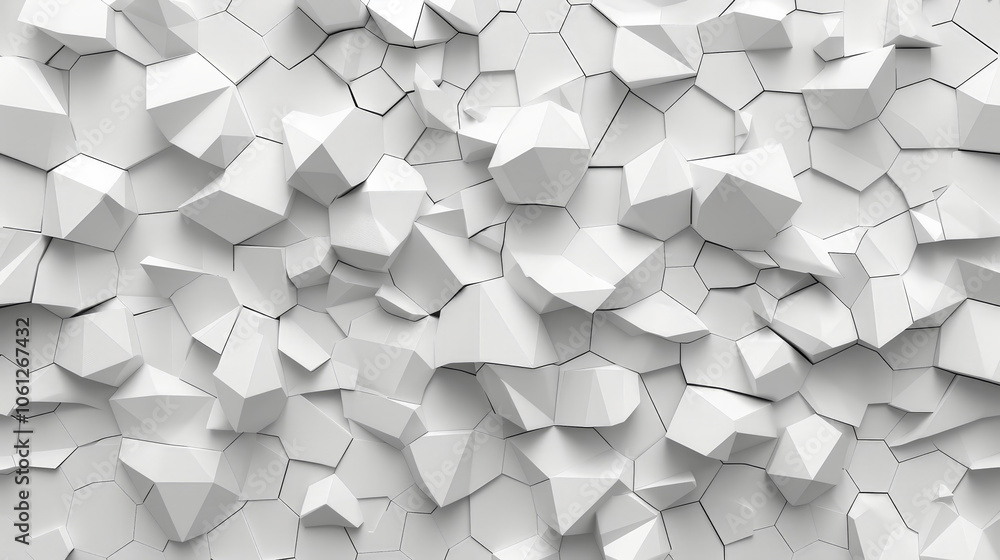 Poster the surface features a striking arrangement of three-dimensional geometric shapes in white, creating