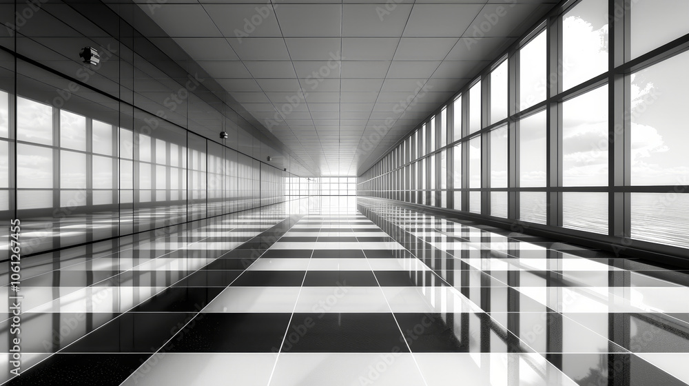 Poster a bright corridor features a striking black and white tiled floor, reflecting light and creating a s