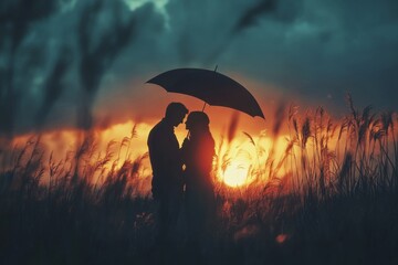 Romantic Silhouette of Couple Under Umbrella at Sunset