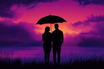 Romantic Silhouette Under Umbrella at Sunset