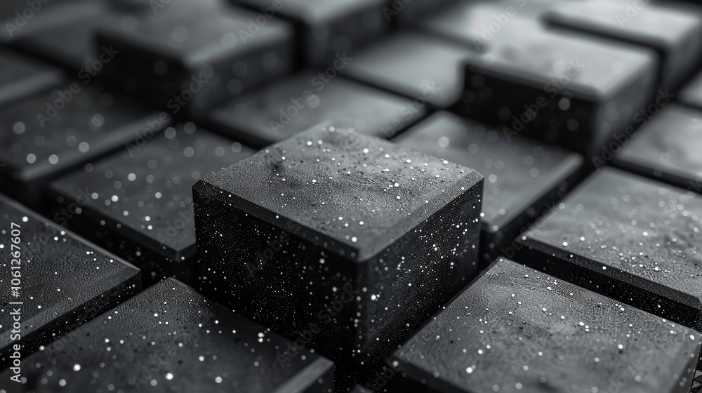 Poster a detailed view of an arrangement of textured black cubes sitting closely together on a surface. eac