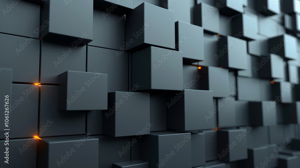 Poster a collection of dark cubes is meticulously arranged in a three-dimensional design. some cubes featur