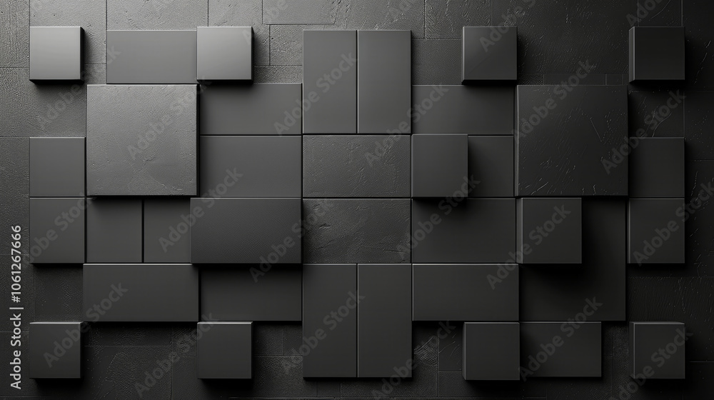 Poster an intricate arrangement of black tiles features various geometric shapes and textures, creating a v