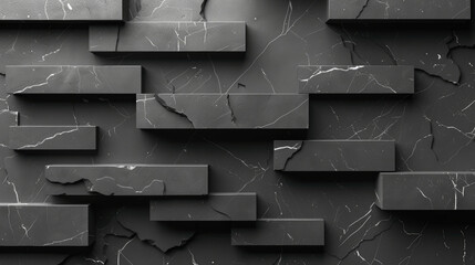 The wall features a contemporary design showcasing black marble blocks arranged in a layered pattern, highlighting natural textures and elegant lines that add depth to any space.