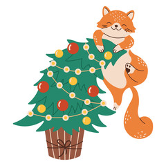 Playful red cat climbing onto Christmas tree flat color vector character. Funny ginger pet enjoying winter holidays illustration on white