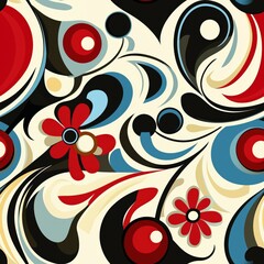 Naklejka premium Retro Floral Swirl Seamless Pattern with Bold Red, Blue, and Black Accents, Cream Background, Abstract Shapes and Curved Lines
