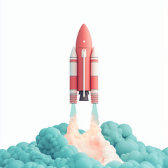 Obraz premium A colorful rocket launches from a cloud of turquoise smoke, symbolizing innovation and exploration in a dynamic, futuristic setting.