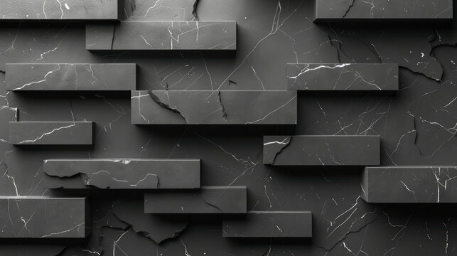 The wall features a contemporary design showcasing black marble blocks arranged in a layered pattern, highlighting natural textures and elegant lines that add depth to any space.