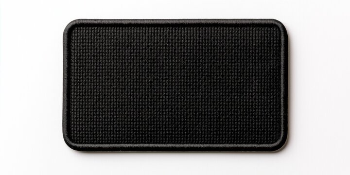 This image showcases a simple, black rectangular textile patch with a textured surface, neatly placed on a smooth white background, ideal for various uses in design.