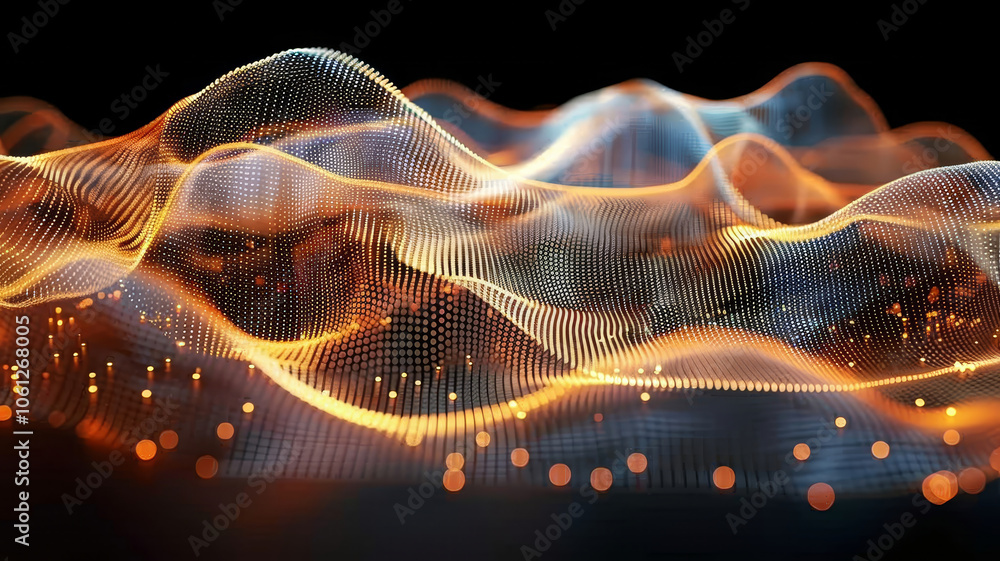 Poster colorful waves of light move smoothly across a dark background, creating an abstract representation 