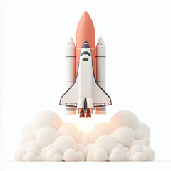 A stylized rocket launches into the sky, surrounded by clouds of smoke, symbolizing exploration and innovation in aerospace technology.