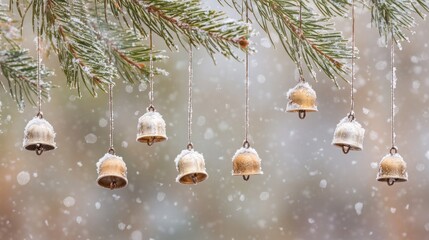 A row of gold bells hang from a snow-covered pine branch against a blurry background of falling snow.