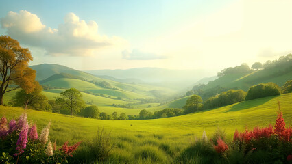 Obraz premium A Panoramic View of a Serene Country Setting Surrounded by Blossoming Flowers and Majestic Trees