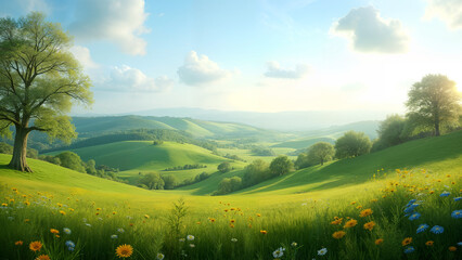 Fototapeta premium A Panoramic View of a Serene Country Setting Surrounded by Blossoming Flowers and Majestic Trees