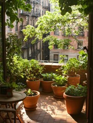 Naklejka premium A serene balcony garden filled with potted plants, overlooking a cityscape.
