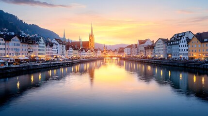 Obraz premium Captivating sunset over riverfront architecture in lucerne switzerland creates a serene travel experience