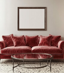 elegant living room with red velvet sofa and ornate coffee table