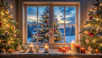 Cozy winter scene looking through a window at a decorated Christmas tree with lights and candles on a windowsill, Christmas