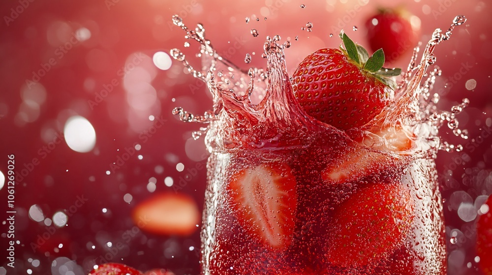 Poster fresh strawberries splashing in a glass of red liquid with a red bokeh background.