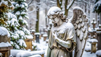 Fototapeta premium Snow-covered angel statue in winter cemetery, symbolizing sorrow and remembrance, snow, winter, angel, statue, cemetery