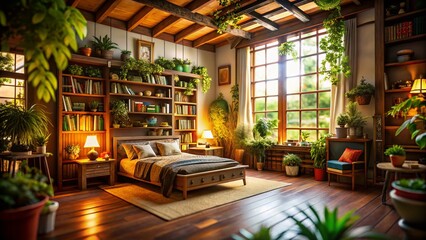 Fototapeta premium A tilt-shift photograph highlights the charm of a cozy bedroom, brimming with plants and bookshelves under high ceilings.