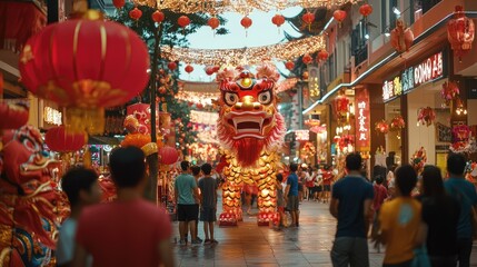 Obraz premium chinese new year celebration on the street like carnival and parade, with lampion, liong, dragon, 