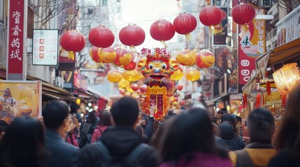 Naklejka premium chinese new year celebration on the street like carnival and parade, with lampion, liong, dragon, 