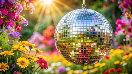 Obraz premium Disco ball surrounded by vibrant flowers at a summer party , disco ball, flowers, colorful, party, celebration, dance, music