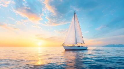 Fototapeta premium A sailboat glides gracefully across the calm ocean waters at sunset capturing the beauty of nature's serenity and tranquility
