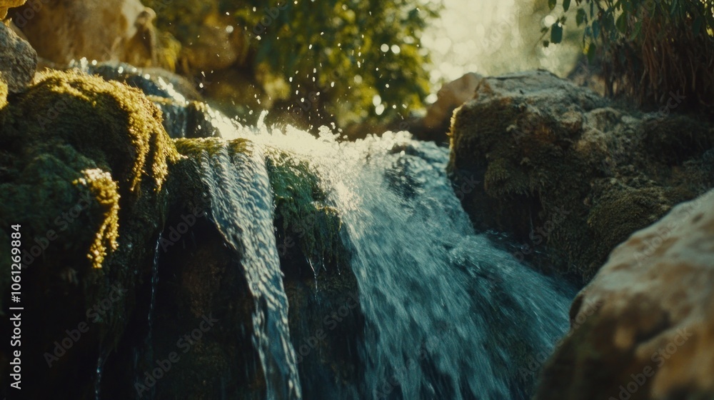 Poster a close-up view of a small waterfall cascading over mossy rocks in a forest.