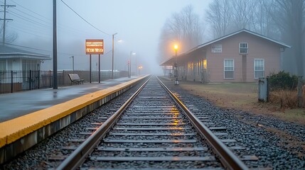 Obraz premium Foggy train station invites reflection on time and journey beneath soft street lights