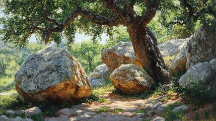 Obraz premium Large granite boulders and rocks in dappled sunlight under live oak tree, granite, boulders, rocks, dappled sunlight .
